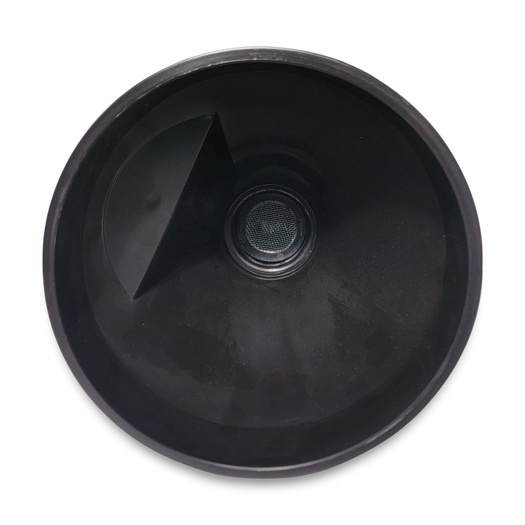 Top view of a Funnel flexible in black, featuring a built-in mesh filter at the narrow end and a triangular divider inside.