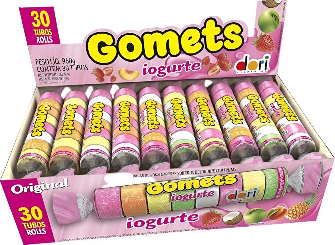 Box of "Gomets yogurt jelly rools" candy rolls in various fruit flavors, labeled "30 tubos rolls" and "original.