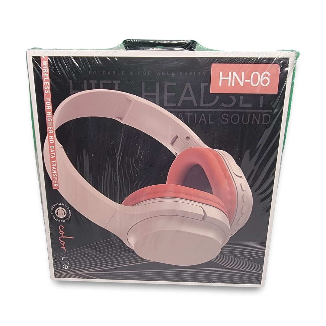 The packaging of the HN06 Wireless Headphones features a vibrant photo on the front, enhanced with red and white design elements. It emphasizes spatial sound, portability, and offers an impressive music play time of 40 hours.