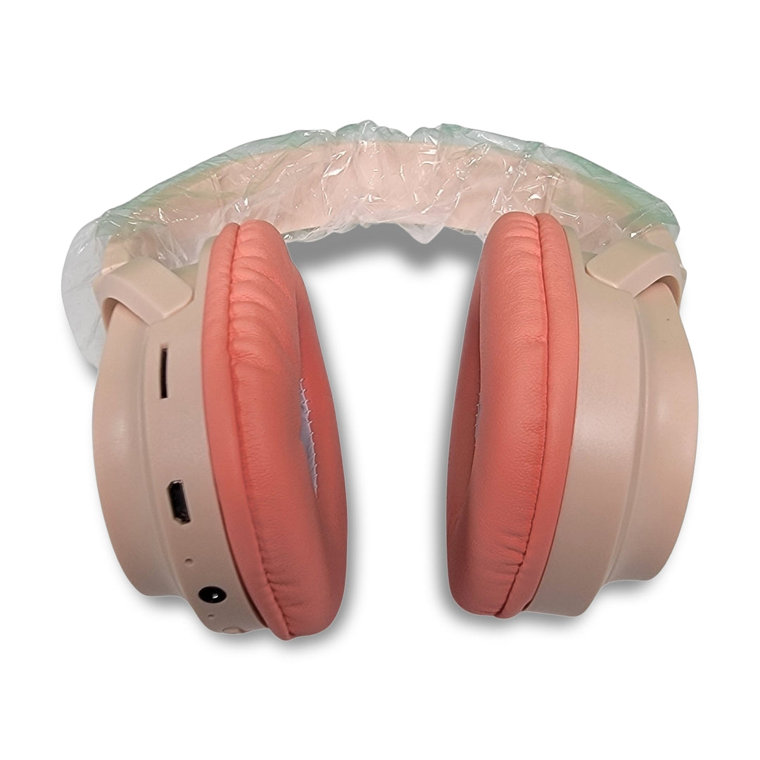 The HN06 Wireless Headphone is available in a peach color, featuring an over-ear design with a clear plastic headband. It offers 40 hours of music play time and uses wireless version 5.3 technology.