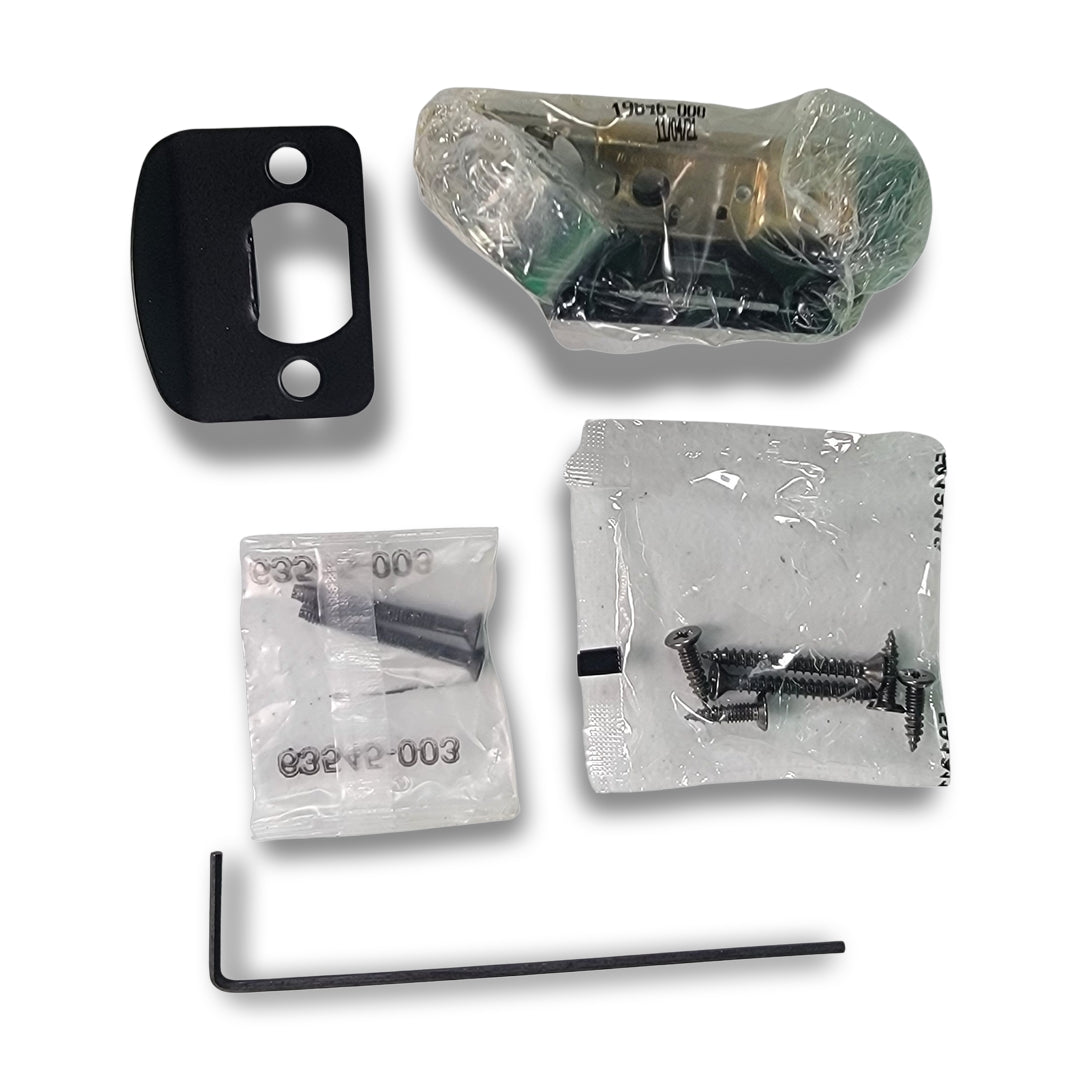 The Kwikset Halifax Privacy door lever, featuring a matte black wall mount bracket, comes with screws, an Allen key, and a plastic bag, all presented on a pristine white background.