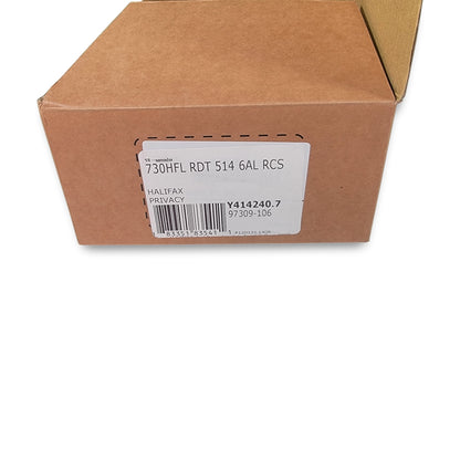 A matte black cardboard box with a label showing the codes "730HFL RDT 514 6AL RCS" and references to "Kwikset Halifax Privacy door lever, Y414240.7 97309-106.