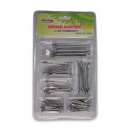 Pack of assorted cotter pins in various sizes, labeled as "Hardware Assortment Cotterpins" by Li Jia Commodity, made in China.