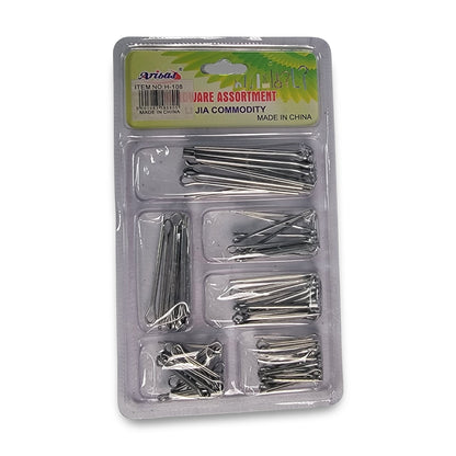 A plastic package containing various sizes of silver cotter pins labeled "Hardware Assortment.