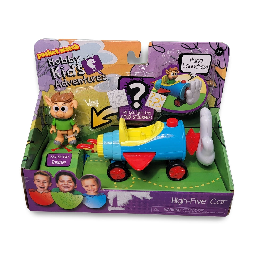 Toy packaging featuring "Hobby Kids Adventures" High-Five Car includes a figure launcher and surprise. The box's bright colors and graphics highlight Hobby Kids Action Figures.