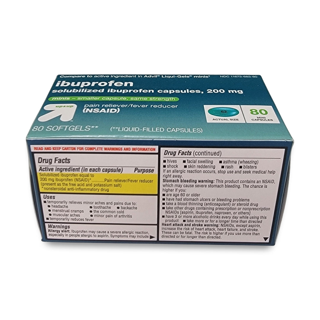 Box of 80 ibuprofen capsules, each containing 200 mg. Categorized as a pain reliever/fever reducer with detailed information and warnings provided on the side.