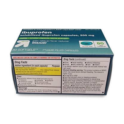 Box of 80 ibuprofen capsules, each containing 200 mg. Categorized as a pain reliever/fever reducer with detailed information and warnings provided on the side.