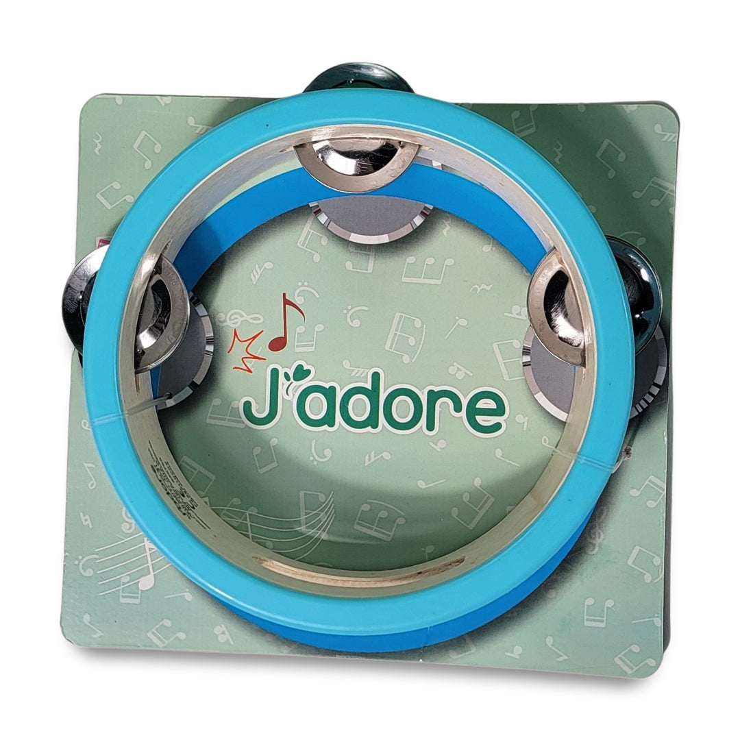 A blue J' adore wooden tambourine set against a green background with musical note patterns.