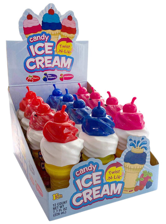 A box of 12 KoKo's Twist N Lik Ice Cream Candies, each featuring a twistable design with white swirl tops and red, blue, and pink sugar cherries, weighing 0.64oz each.