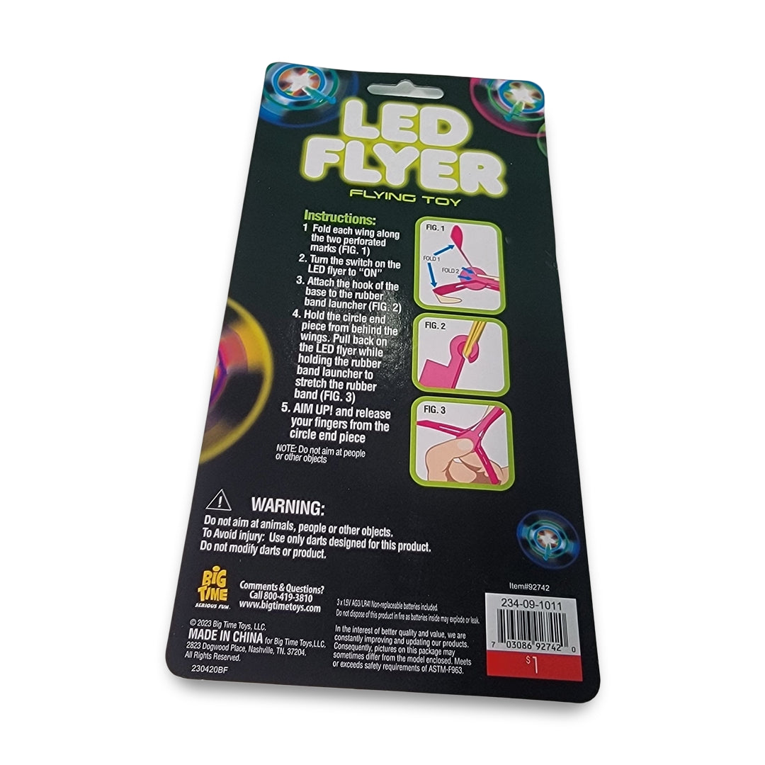 Back of an LED Flyer Flying Toy package with instructions and warnings. The package is colorful, featuring text and images demonstrating how to use the toy.