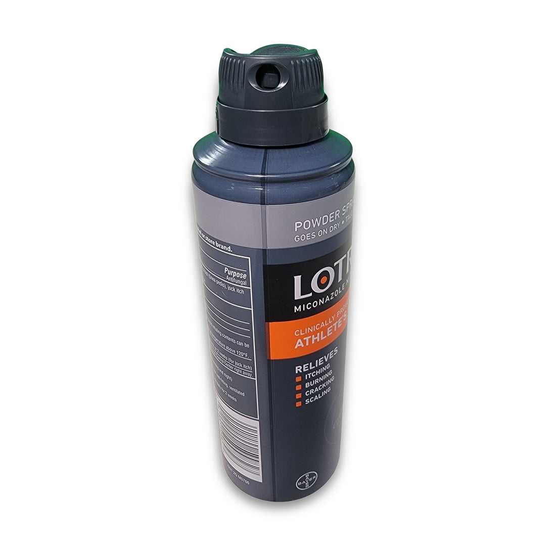 Lotrim spray powder canister, designed for athlete's foot relief, featuring a dark cap and orange accents.