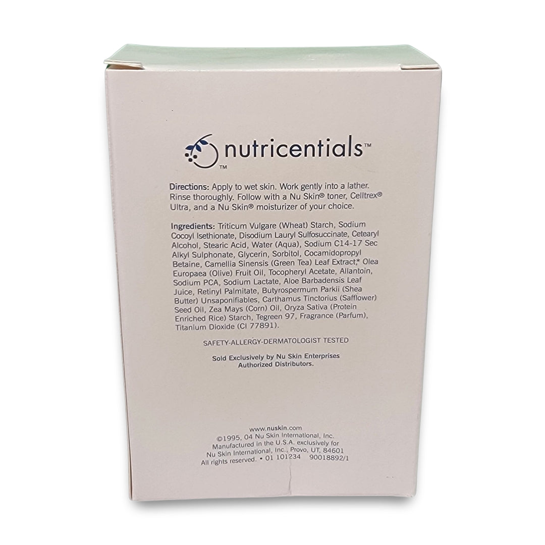 Back of the NuSkin Bar box displaying usage instructions, ingredient list, and contact details for NutrientCentials by Nu Skin.