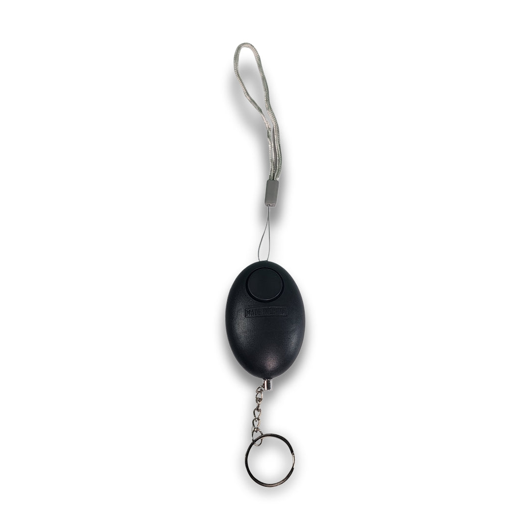 Personal alarm in black featuring a lanyard and keyring set against a white background.