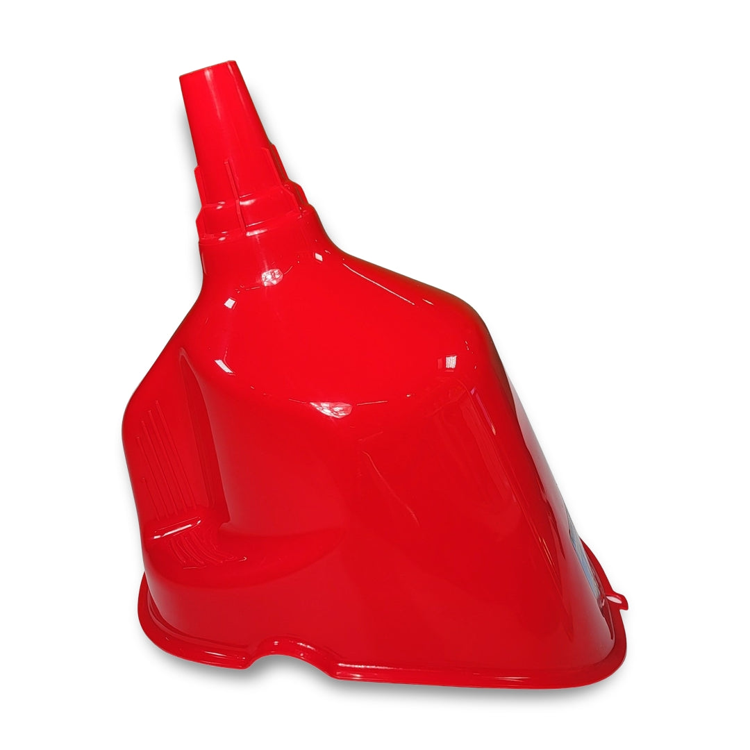 The large quick fill giant funnel is red and made of plastic, featuring a wide, angled opening and a narrow spout.