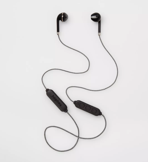 Heyday Wireless Earbuds with a braided cable and in-line controls, showcased on a white background.