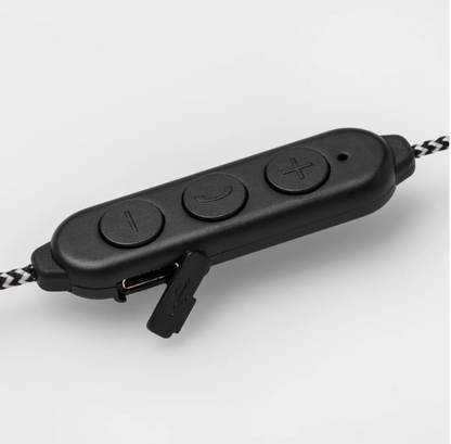 Close-up of a black in-line remote control featuring three buttons for volume and playback on a braided cable, part of the Heyday Wireless Earbuds with Bluetooth 5.0 capability.