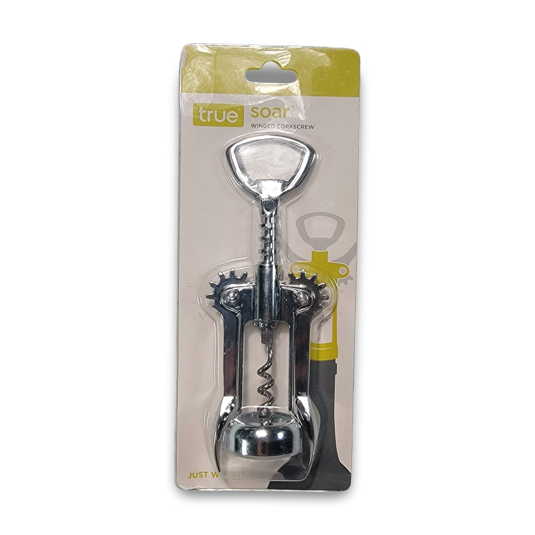 Packaged with a metal handle and spiral, the Winged Corkscrew is labeled "True Soar.