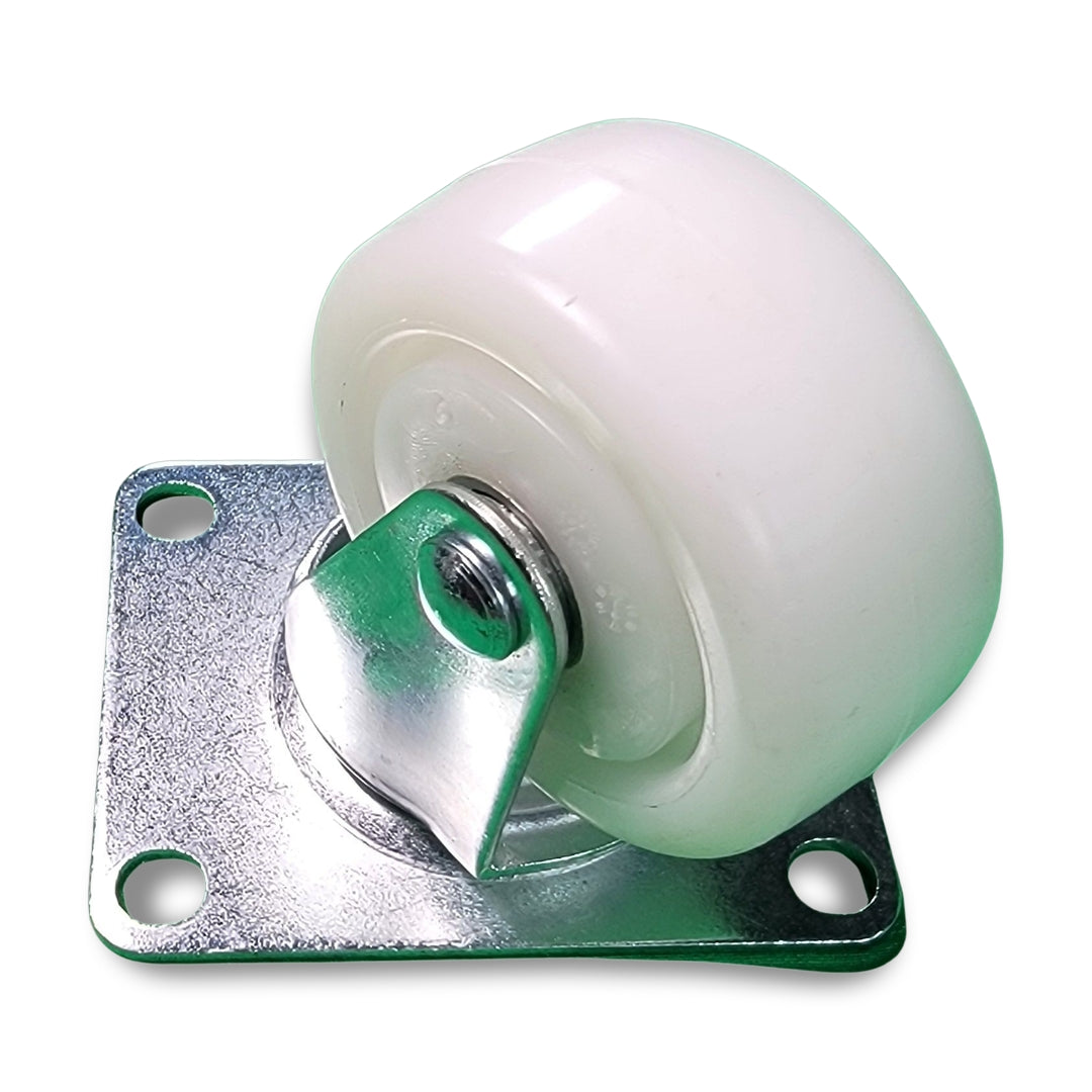 A Rubber Castor white wheel with a metal mounting plate that has four holes.