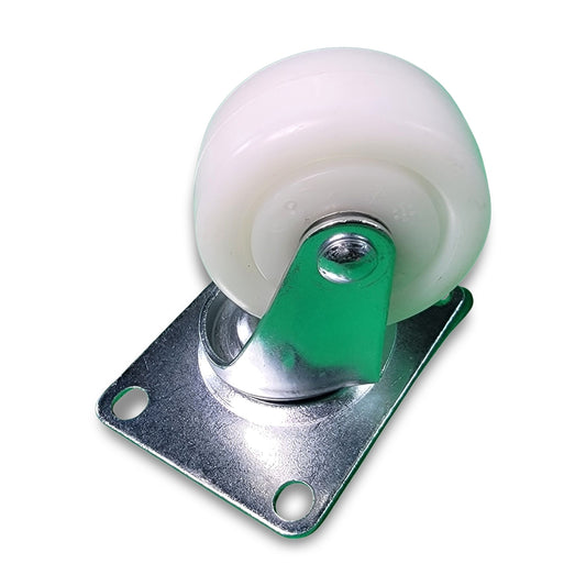 A Rubber Castor white wheel made of plastic, complete with a metal bracket and a mounting plate that includes four screw holes for secure attachment.