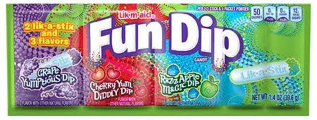 Fun Dip Candy package comes with three exciting flavors: Grape Yumptious Dip, Cherry Yum Diddly Dip, and RazzApple Magic Dip, and includes two Lik-a-Stix.