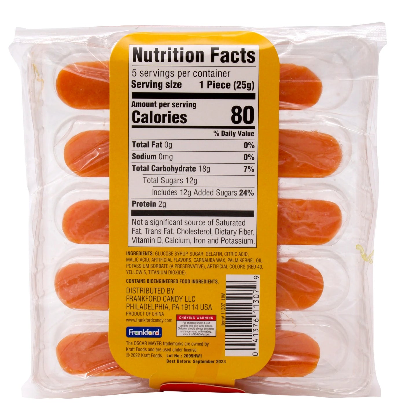 Pack of Gummy Hot Dogs featuring a visible nutrition facts label that lists calories, fat, sodium, carbohydrates, sugars, and protein.