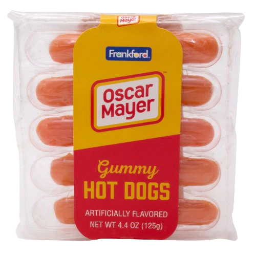 Packaging of Gummy Hot Dogs by Oscar Mayer, artificially flavored, with a net weight of 4.4 oz (125g).