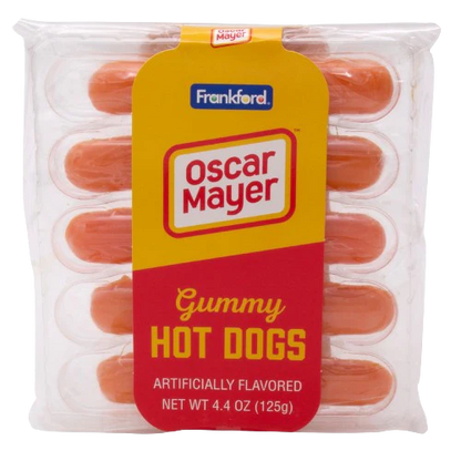 Packaging of Gummy Hot Dogs by Oscar Mayer, artificially flavored, with a net weight of 4.4 oz (125g).