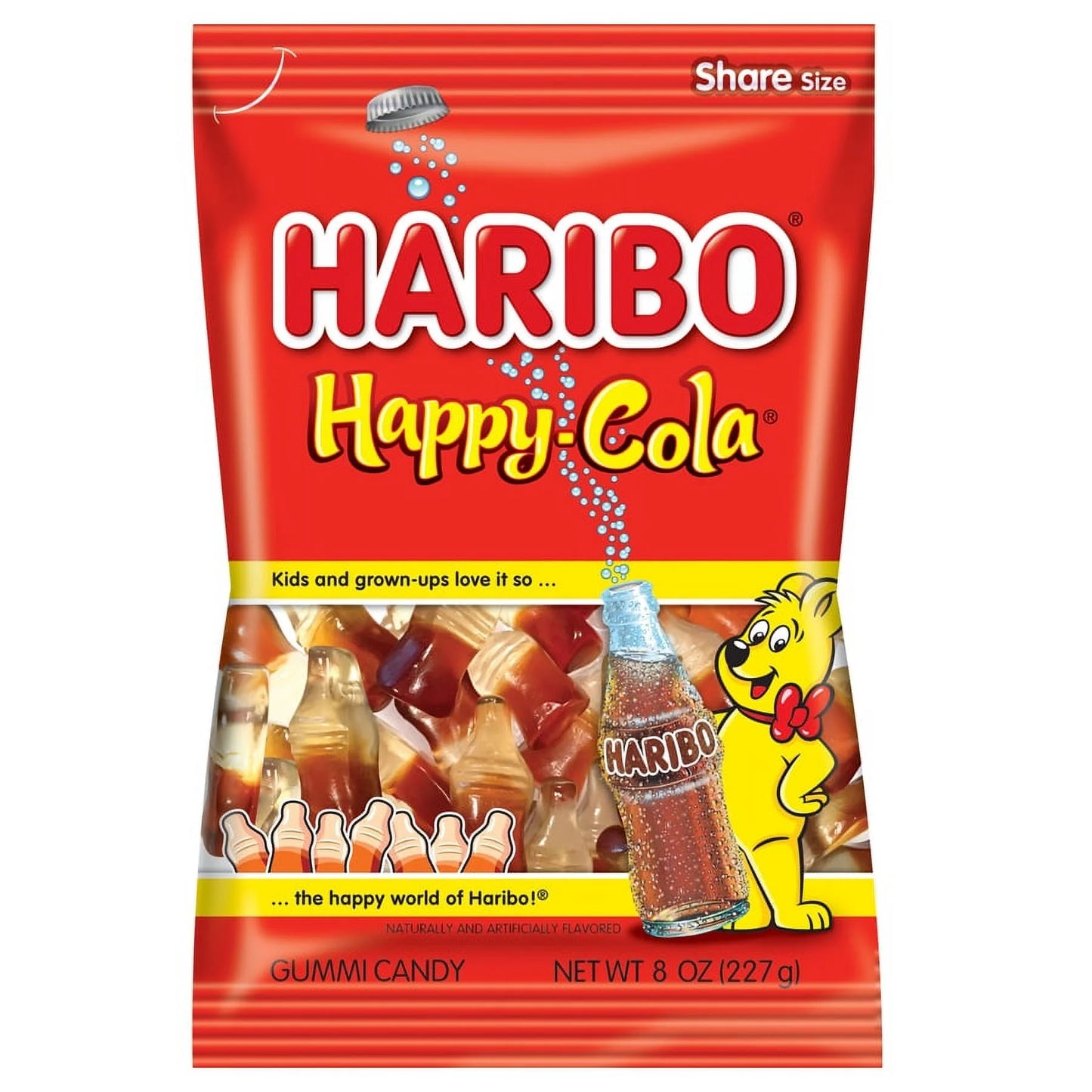 Image of a Haribo Happy Cola gummy candy bag, share size, weighing 8 oz (227 g). The packaging includes a design with a yellow bear holding a cola bottle-shaped gummy.