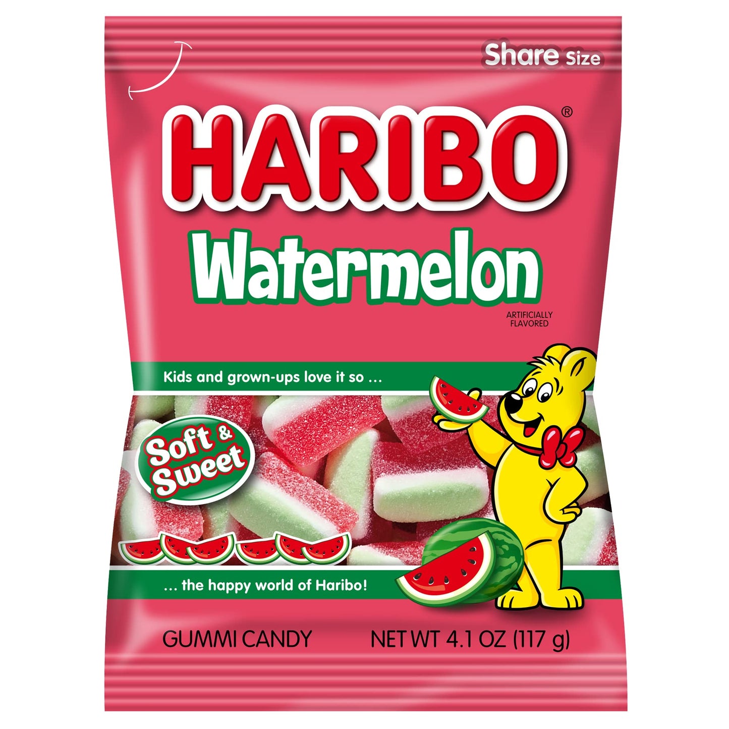 Haribo Watermelon Candy, 4.1 oz, featuring green and red gummy slices on the packaging.