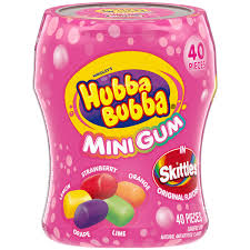 A pink container of Hubba Bubba Skittles gum, featuring images of strawberry, orange, grape, and lime gum pieces, contains 40 pieces.