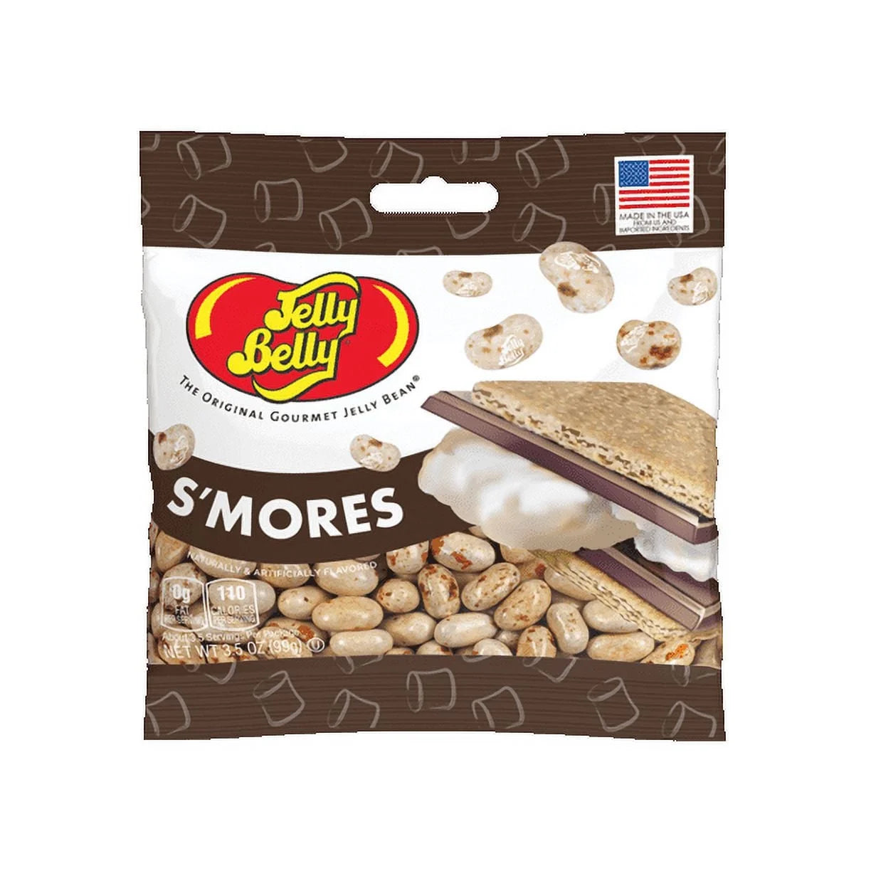 Jelly Belly Smores jelly beans bag featuring the American flag and nutritional information on the packaging.