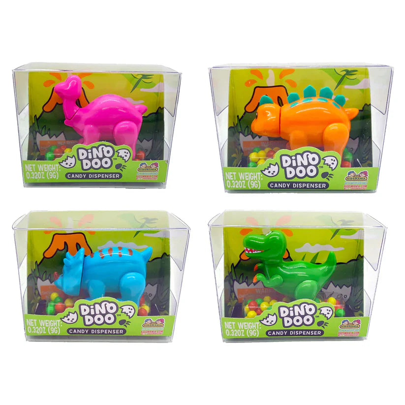 Four Kidsmania Dino Doo (mini) candy dispensers, each packaged with a unique dinosaur design in vibrant pink, orange, blue, and green colors.