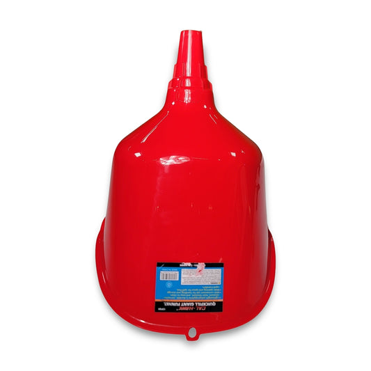 Introducing the Large Quick Fill Giant Funnel: a red plastic funnel with a wide mouth and narrow spout, complete with a label on the side.