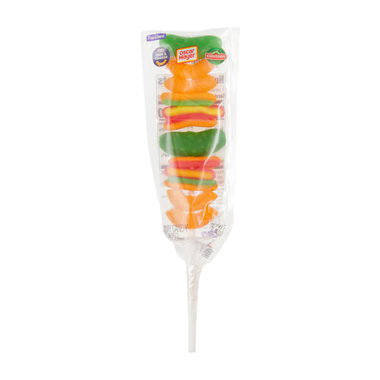 Plastic-wrapped candy skewer featuring gummy burger pieces on a stick, labeled with the Oscar Mayer Clausen logos.