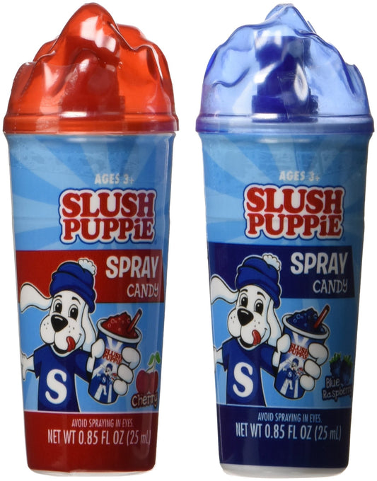 Two bottles of 0.85oz Slush Puppie Spray Candy, one in red for cherry flavor and the other in blue for blue raspberry flavor, featuring a cartoon dog mascot and suitable for ages 3 and up.