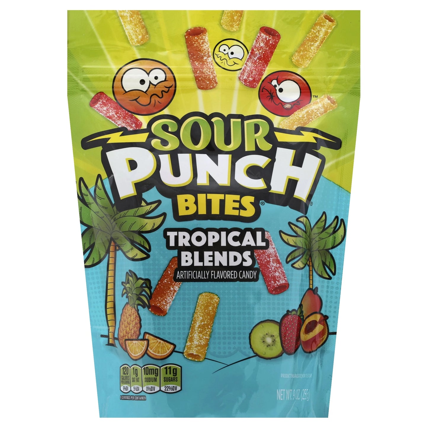 A package of Sour Punch Bites Tropical Blends candy, adorned with vibrant candy sticks and cartoon fruit illustrations on the cover.