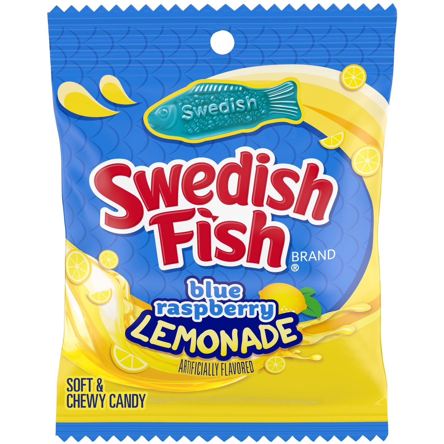 A package of Swedish Fish Blue Raspberry Lemonade candy, showcasing a blue fish emblem along with lemon slices set against a yellow and blue backdrop. The packaging highlights "soft & chewy candy.