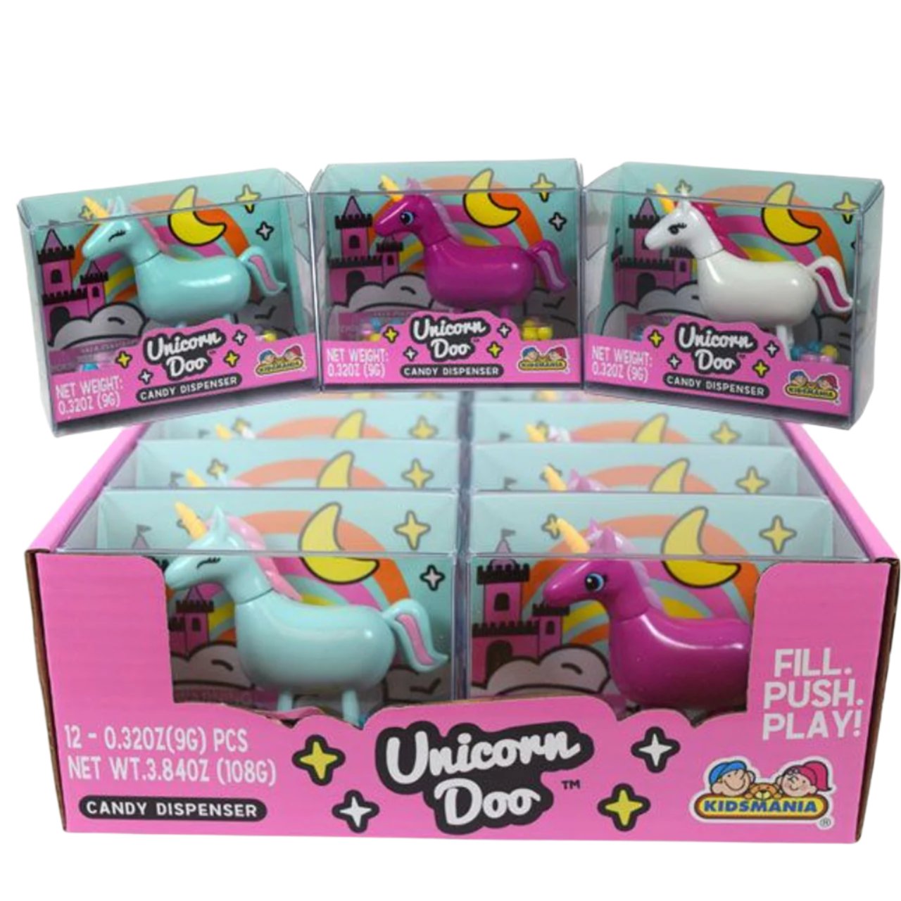 Box of Kidsmania Unicorn Doo Candy Dispensers featuring colorful toy unicorns in pink, purple, white, and blue.