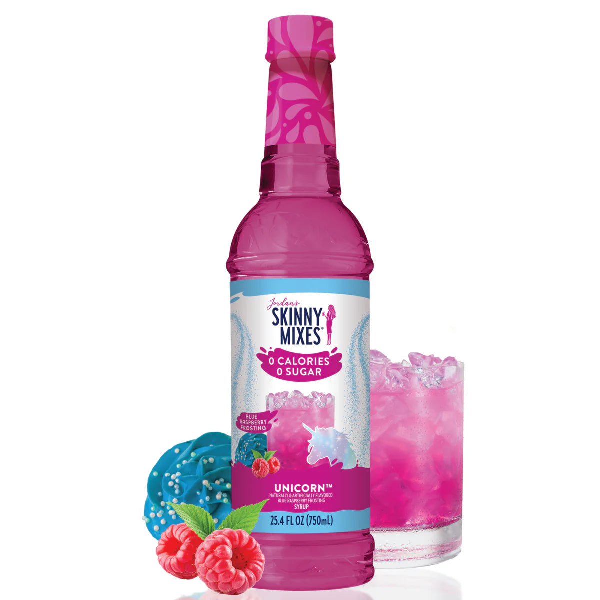 A bottle of Jordan's Skinny Syrup Unicorn, Sugar Free, 25.4oz is displayed next to a pink iced drink and raspberries.