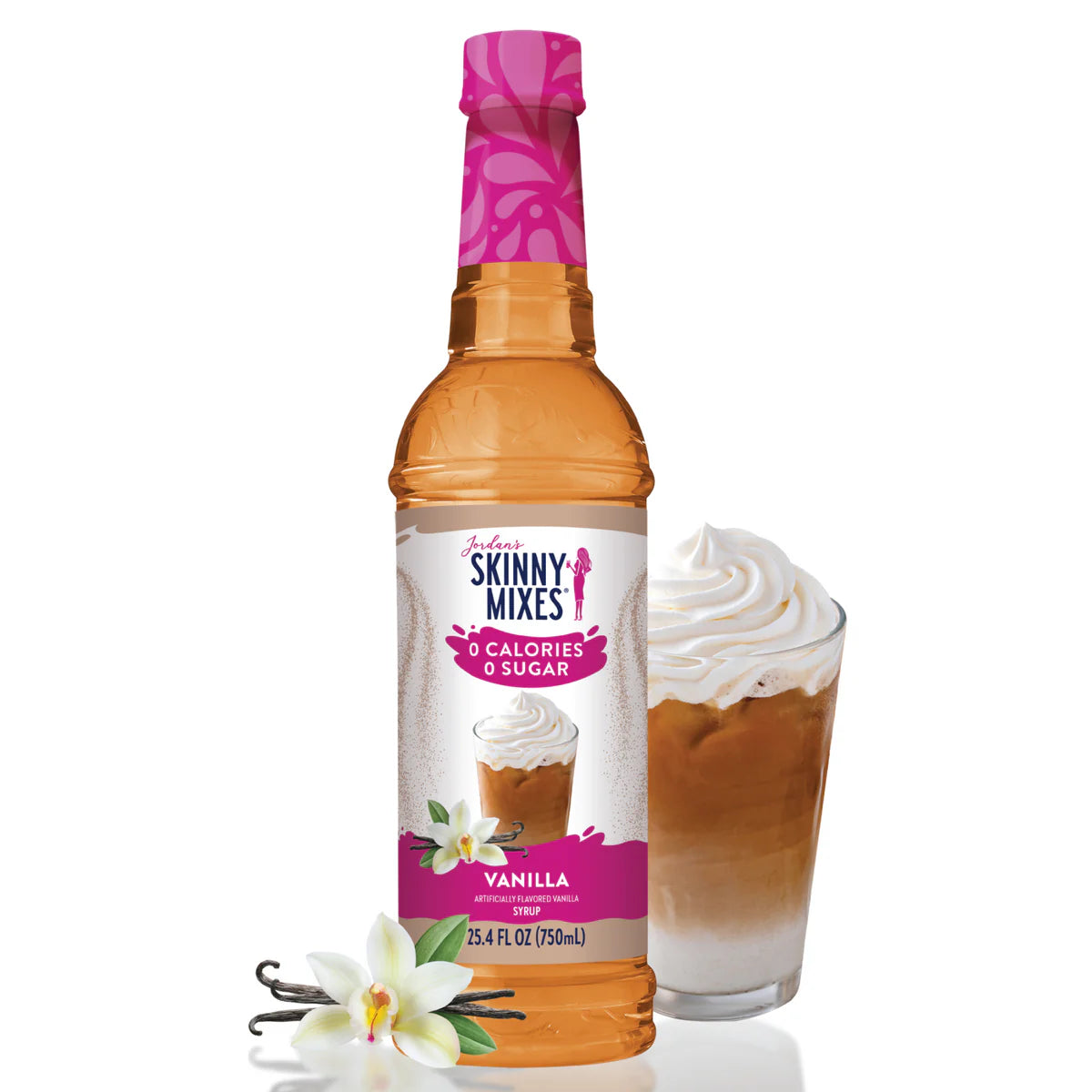 A bottle of Jordan's Skinny Syrup Vanilla, Sugar Free, 25.4oz is next to an iced coffee topped with whipped cream. Vanilla flowers are placed in front.