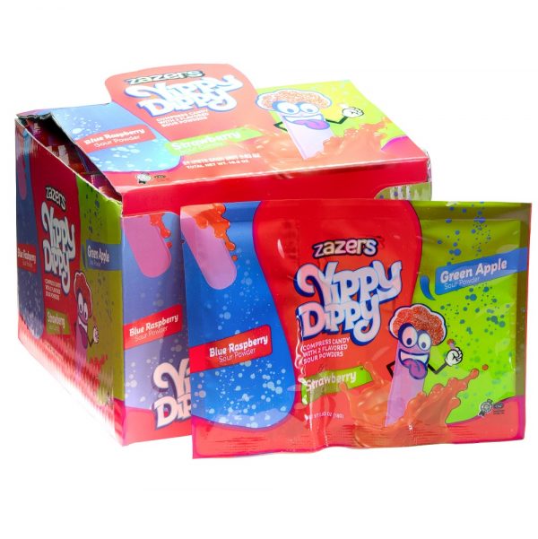 Vibrant packaging of Vippy Dippy candy, showcasing flavors such as blue raspberry and green apple, with a cartoon character displayed on the front. A box is shown in the background.